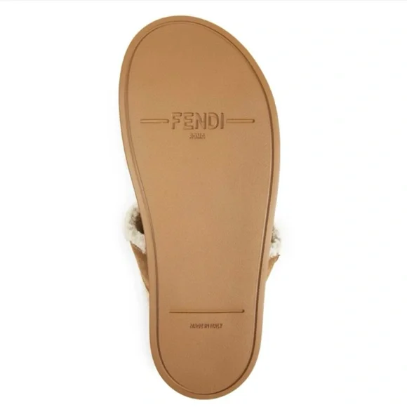 FENDI Feel FF logo shearling lined suede leather slides sandals - Picture 8 of 8